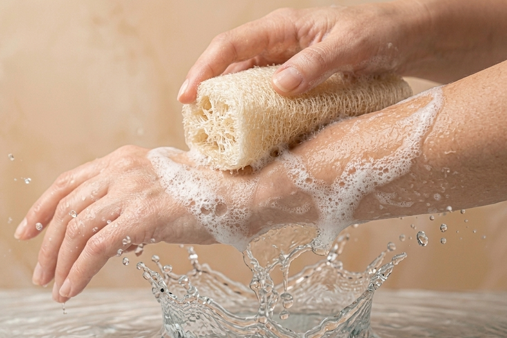  Egyptian loofah foaming held in hand – premium natural exfoliator from the Nile