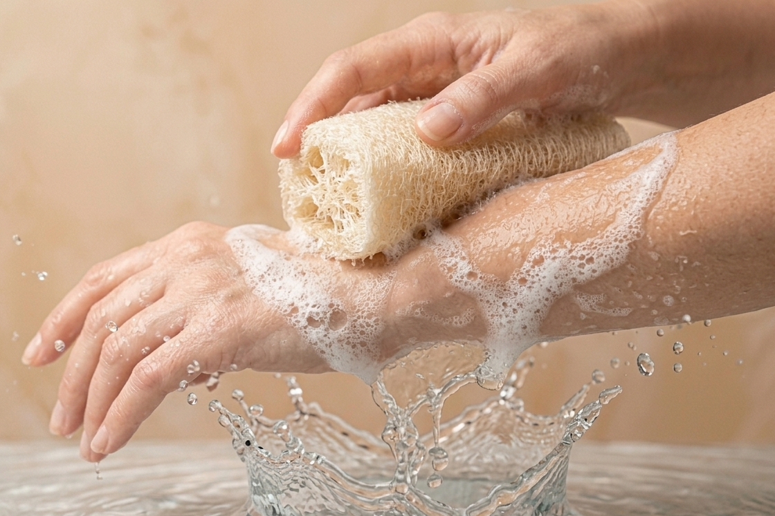  Egyptian loofah foaming held in hand – premium natural exfoliator from the Nile