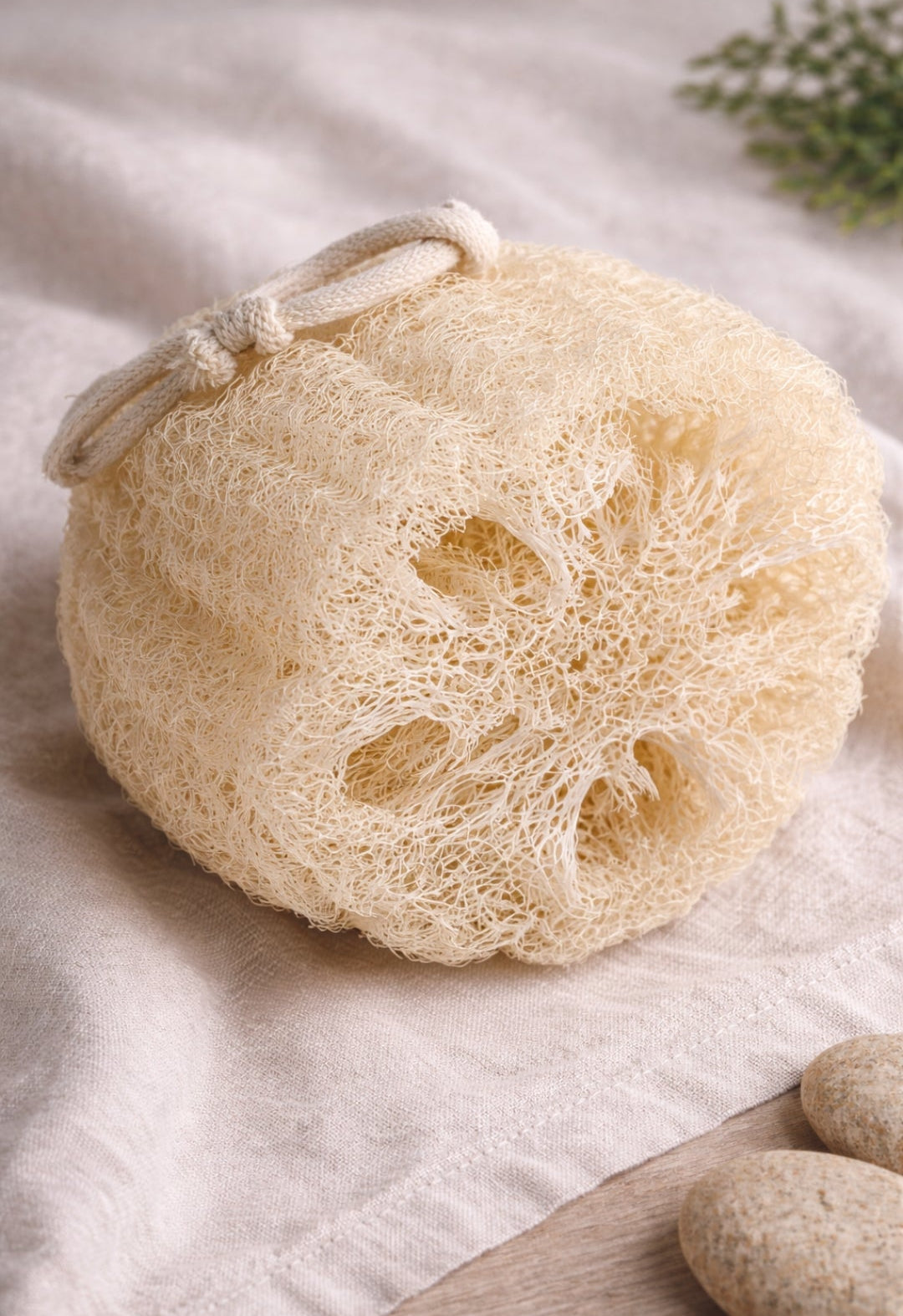 Natural loofah expanding in water – soft and fluffy texture after soaking