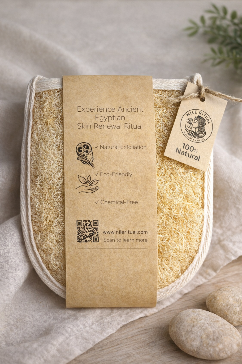 Natural loofah glove in use – gentle skin exfoliation, chemical-free