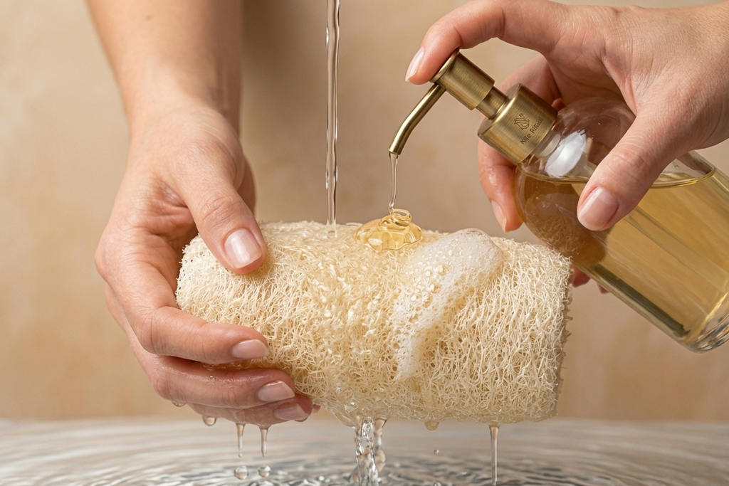 Natural loofah sponge in spa setting – beige background, soft lighting ,soap and foam 